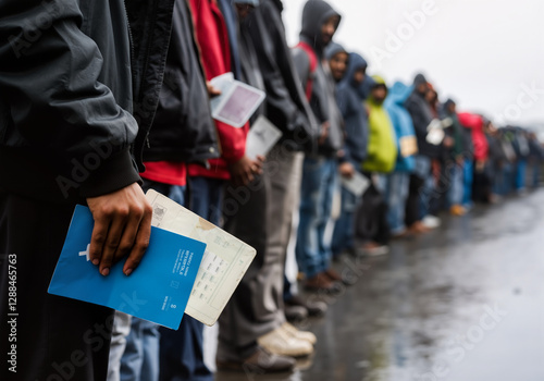 Refugees are patiently holding their documents while waiting in line under the rain, seeking asylum and a new beginning photo