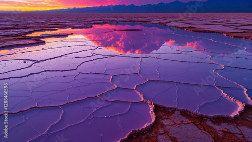 Cracked purple salt flat reflecting vibrant sunset over mountains photo