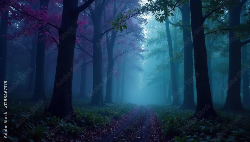 Fototapeta premium A dark forest shrouded in purple and green mist, dark woods, mysterious, misty