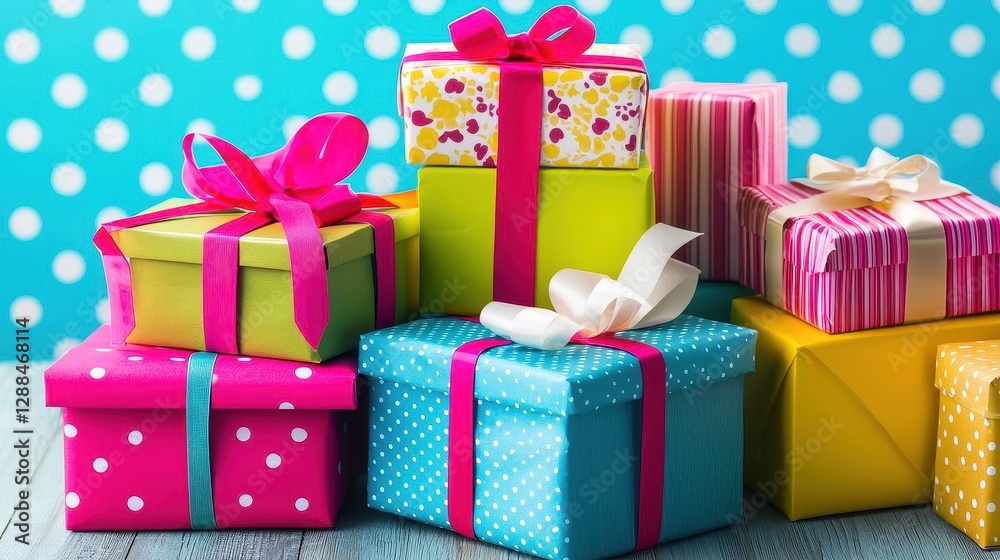 Obraz premium abstract-art-style, Handmade gift boxes over polka dots background ,space for text,