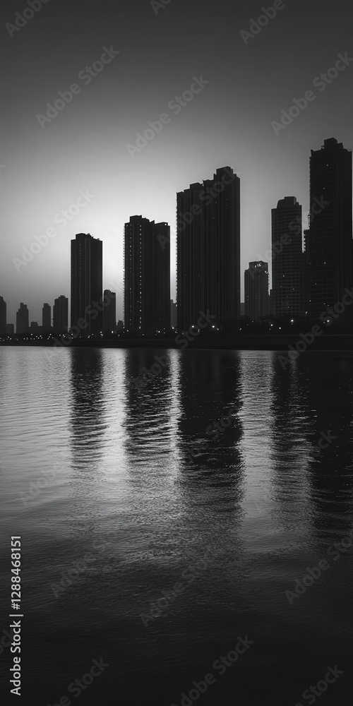 Fototapeta premium a coastal city at dusk. The fading light reflects off the water, while the silhouette of tall buildings stands against the horizon.