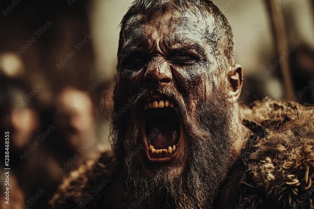 Intense warrior expressing rage during a fierce battle in a medieval setting Intense warrior expressing rage during a fierce battle in a medieval setting