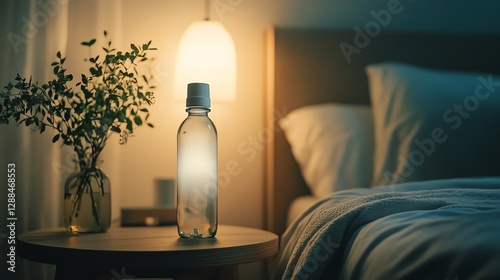 A cozy bedroom scene featuring a water bottle on a bedside table, illuminated by soft light, with a vase of flowers and a comfortable bed in the background.