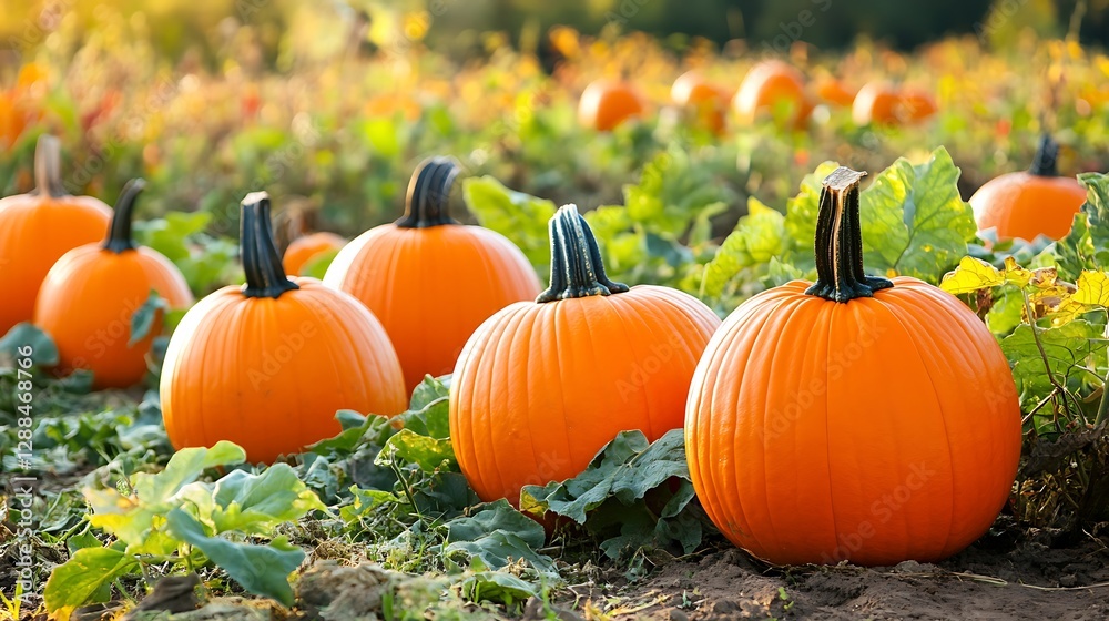 A field of bright orange pumpkins ready for harvest in the autumn A field of bright orange pumpkins ready for harvest in the autumn