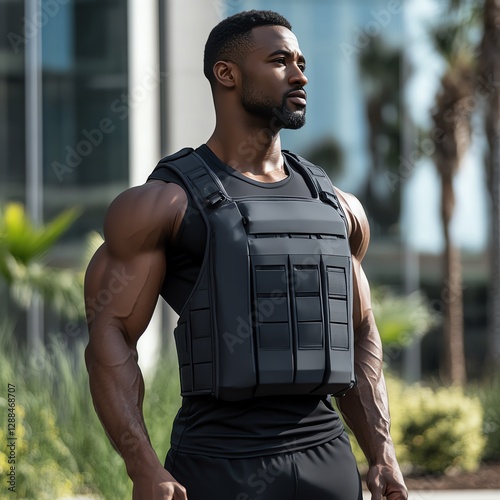 A muscular man in a black tactical vest stands confidently outdoors, showcasing strength and resilience against a backdrop of greenery and modern architecture.