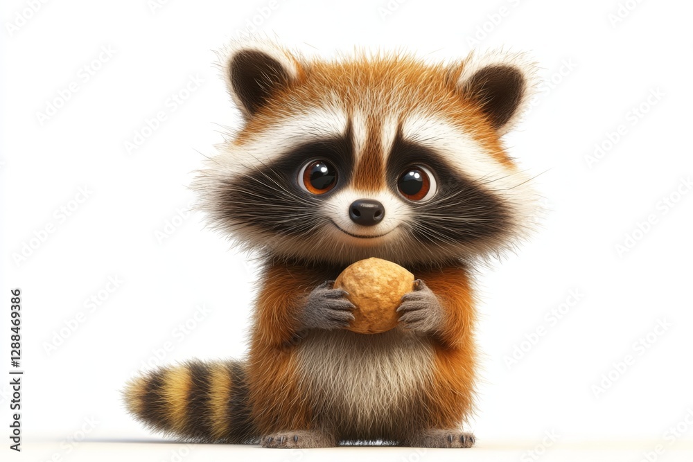 Naklejka premium Adorable Cartoon Raccoon Holding a Nut Cute Wildlife Illustration Digital Art