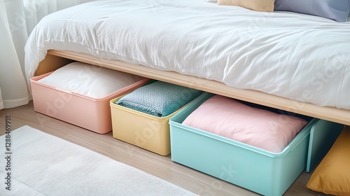 A cozy bedroom scene featuring colorful storage bins under a bed, neatly organized with pillows, enhancing space efficiency and aesthetics.