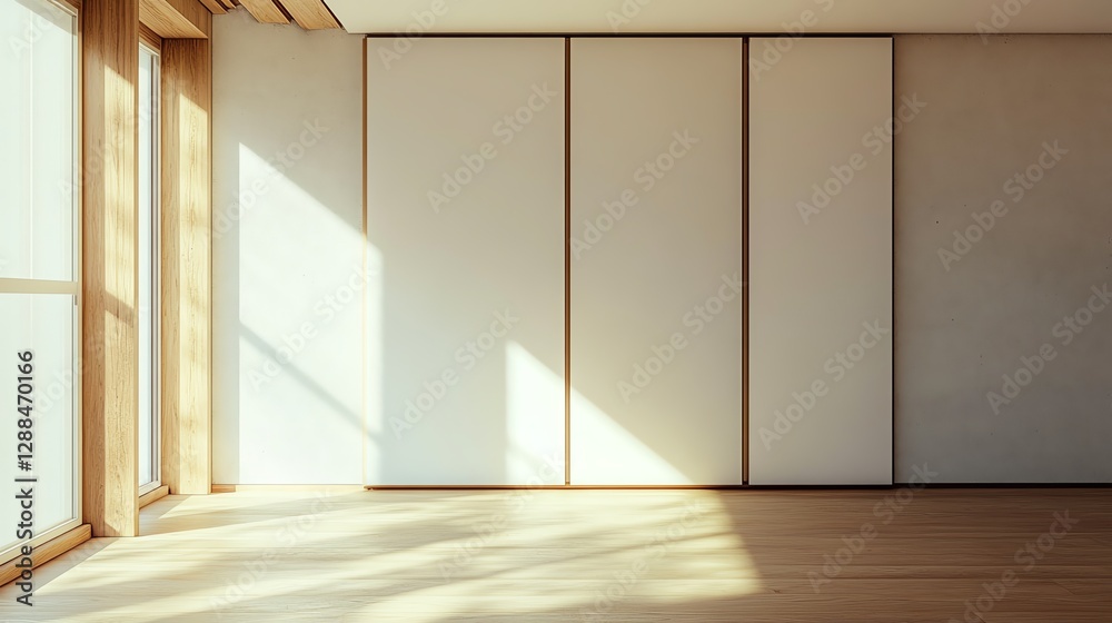 Fototapeta premium A bright, minimalist room features large windows and light wood accents, creating a serene and spacious atmosphere.