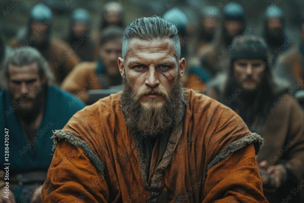 Strong warrior leader stares ahead with fierce determination during a gathering in a forest at twilight Strong warrior leader stares ahead with fierce determination during a gathering in a forest at twilight