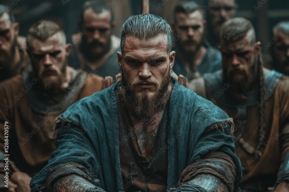 Viking warriors in a solemn gathering, reflecting on their fate in a rugged Norse setting during the early morning hours Viking warriors in a solemn gathering, reflecting on their fate in a rugged Norse setting during the early morning hours