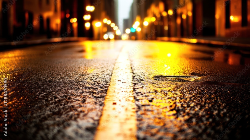 Wet city street at night, vanishing point, urban background, road texture Wet city street at night, vanishing point, urban background, road texture