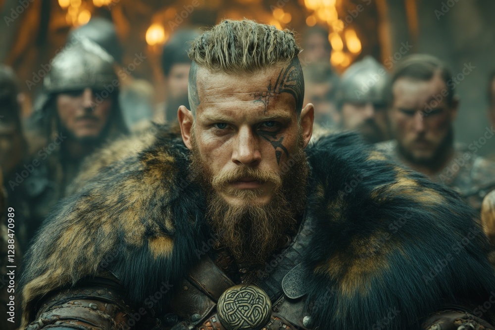 Fototapeta premium Moody gathering of Viking warriors in a mysterious forest during a tense moment before battle