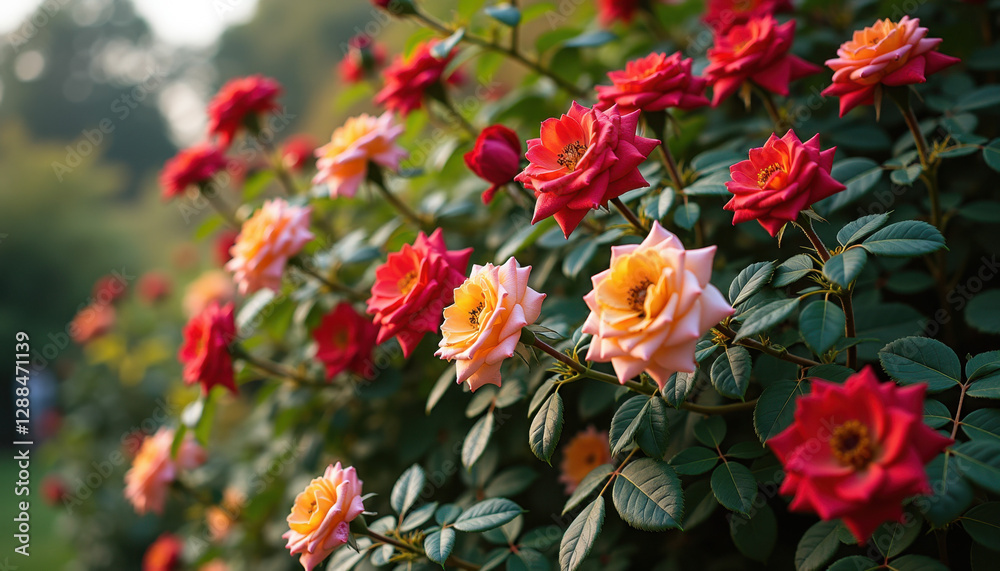 Flowering Red and Peach-Colored Rose Bushes Planted in a Row Flowering Red and Peach-Colored Rose Bushes Planted in a Row