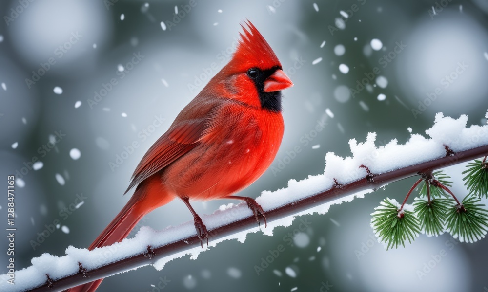 Vibrant red cardinal perched on snowy branch in winter wonderland Vibrant red cardinal perched on snowy branch in winter wonderland