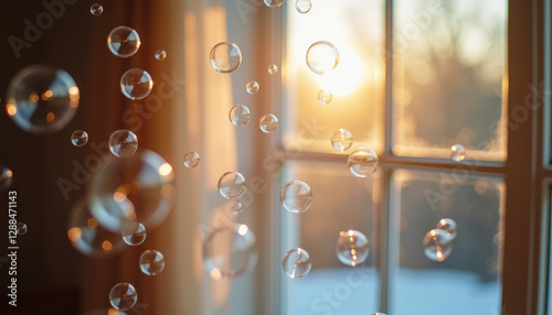 Soap bubbles in a room with a window background, symbolizing cleanliness and tidiness in the home