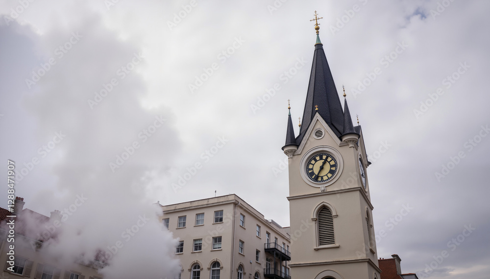 Clock tower with smoke and cloudy sky Clock tower with smoke and cloudy sky