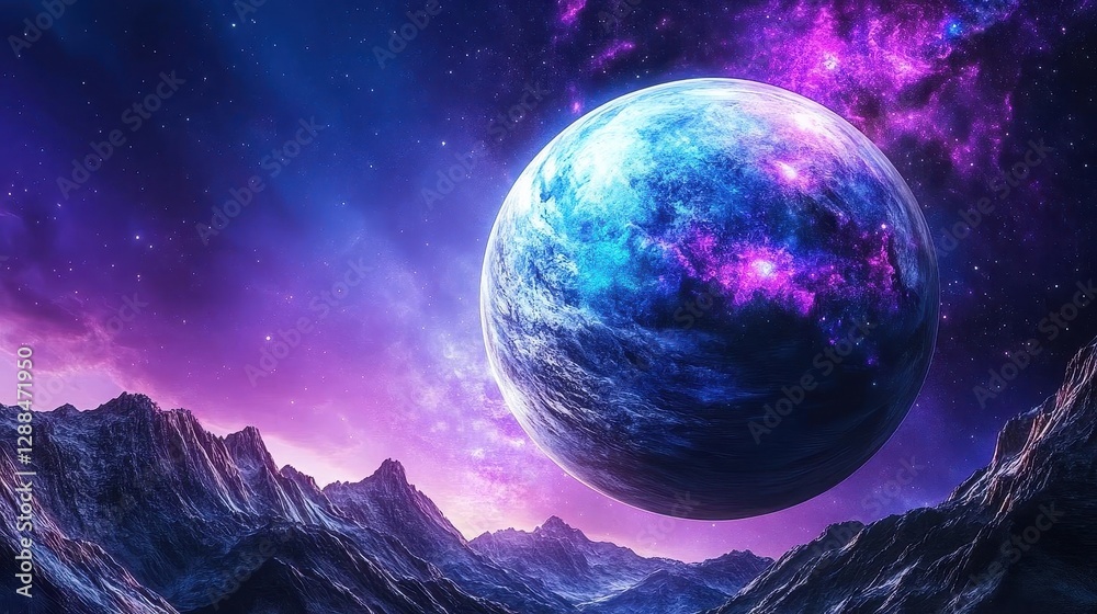 Concept art of an alien planet with mountains and galaxies in the sky, in shades of purple, blue, and pink Concept art of an alien planet with mountains and galaxies in the sky, in shades of purple, blue, and pink