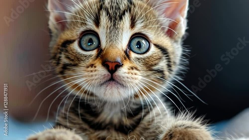Playful rescue kitten at no-kill animal shelter looking curiously at visitors during a sunny afternoon