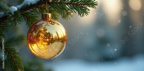 Elegant gold glass sphere suspended from a pine tree branch, winter, foliage