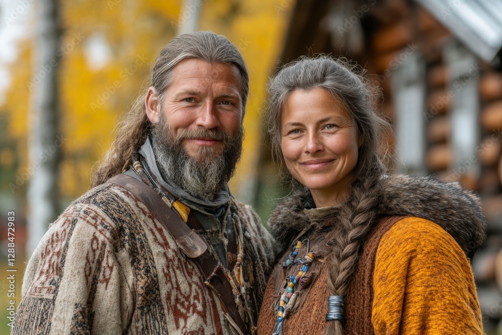 Couple dressed in traditional attire poses joyfully outdoors during autumn near a rustic wooden cabin Couple dressed in traditional attire poses joyfully outdoors during autumn near a rustic wooden cabin