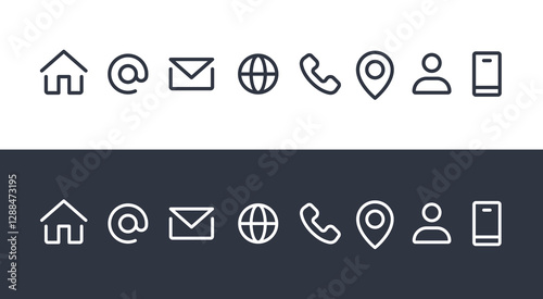 Contact Icons Set: Home, Phone, Mobile, Email, Address, Location, Website, Globe, – Vector Collection. Contact Us Linear Vector icons.