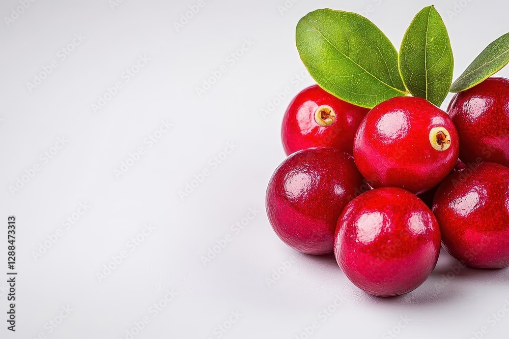Obraz premium Cranberries with leaves isolated on a white background, studio shot, highangle view, soft lighting, highresolution photography, realistic, professional photo shoot
