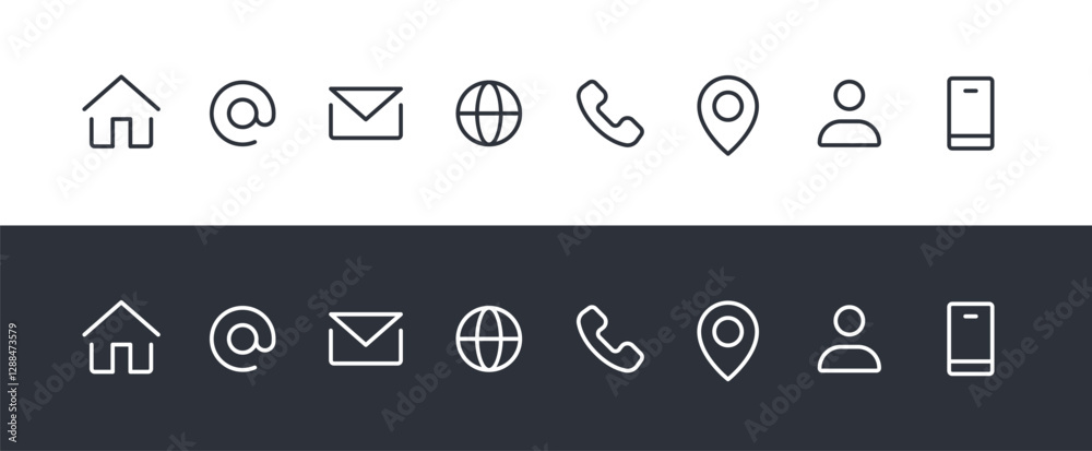 Contact Icons Set: Home, Phone, Mobile, Email, Address, Location, Website, Globe, – Vector Collection. Contact Us Linear Vector icons.