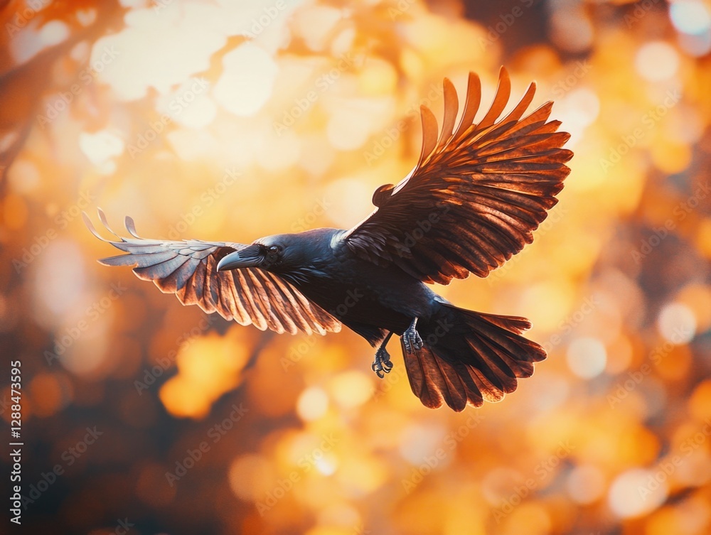 Fototapeta premium Black bird in flight with spread wings
