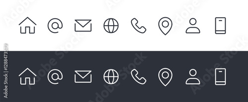Contact Icons Set: Home, Phone, Mobile, Email, Address, Location, Website, Globe, – Vector Collection. Contact Us Linear Vector icons.