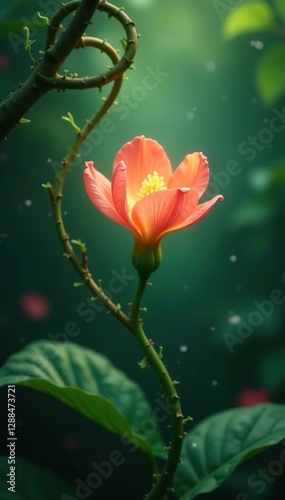 Delicate vines entwine a glowing, suspended flower, tropical, entwined, greenery