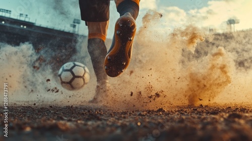 Close up of a soccer player s boot kicking a ball on a stadium field with dust and smoke