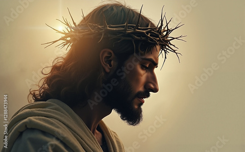 Jesus wearing a crown of thorns in profile