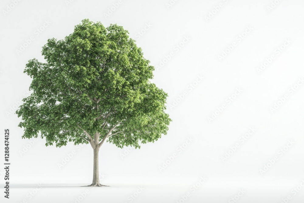 Lush green tree stands alone against minimalistic white backgrou Lush green tree stands alone against minimalistic white backgrou