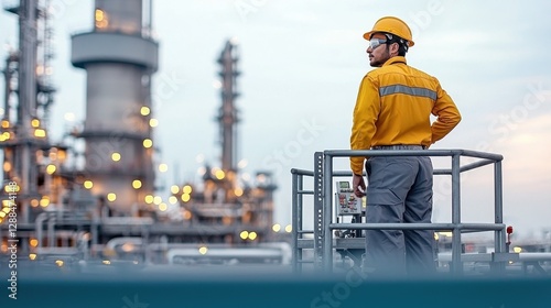 A worker in safety gear overlooks an industrial oil refinery, emphasizing safety and vigilance in the energy sector. photo