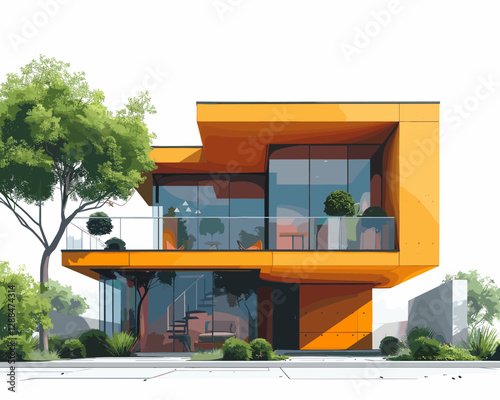 Illustration of a modern cozy house with garage for sale or rent.