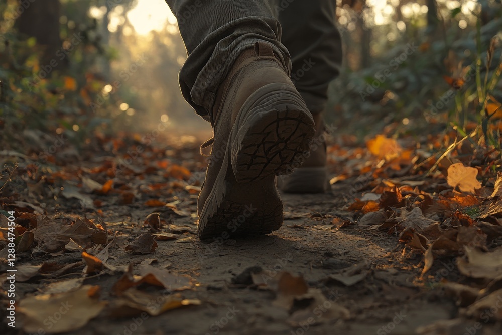 Hiking Boots Walking on Forest Path. Autumn Forest Path With Hiking Shoes. Fall Season Hiking Trail. Hiking Boots Walking on Forest Path. Autumn Forest Path With Hiking Shoes. Fall Season Hiking Trail.