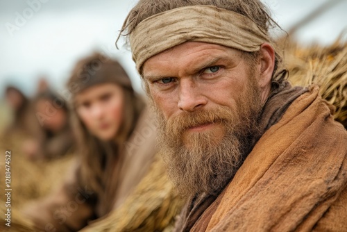 Man with a beard and serious expression participates in a historical reenactment in an outdoor setting during cloudy weather