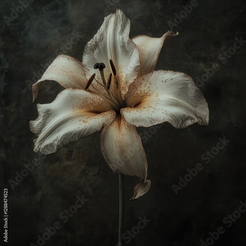 a single wilted lily, its faded petals curling inward, set against a dark, textured background