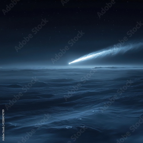 Surreal Night Sky with Comet Over Dark Ocean Waves and Stars
