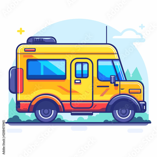 Yellow school bus on white background. Vector illustration in cartoon style