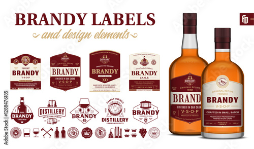 Vector red and beige premium quality brandy labels. Realistic brandy glass bottle mockups