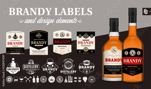 Vector brandy labels. Brandy glass bottle mockups with labels