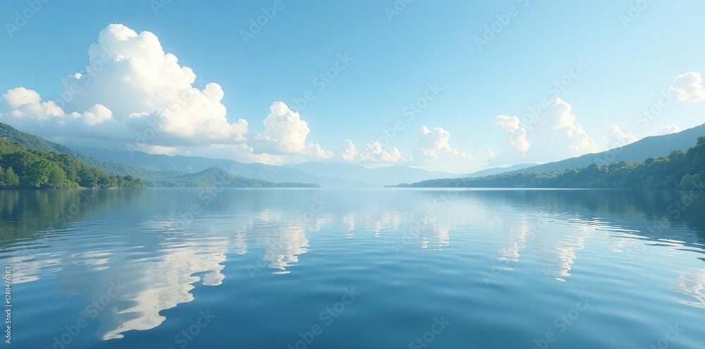 Gentle ripples on the lake's surface reflect serene sky with soft white clouds, sky, reflection, water Gentle ripples on the lake's surface reflect serene sky with soft white clouds, sky, reflection, water