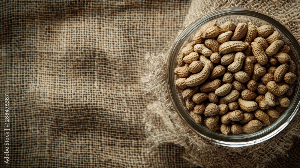 Peanuts in Glass Bowl on Burlap Background - Rustic Still Life Peanuts in Glass Bowl on Burlap Background - Rustic Still Life
