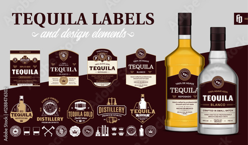 Vector brown and beige premium quality tequila labels. Realistic Tequila glass bottle mockups