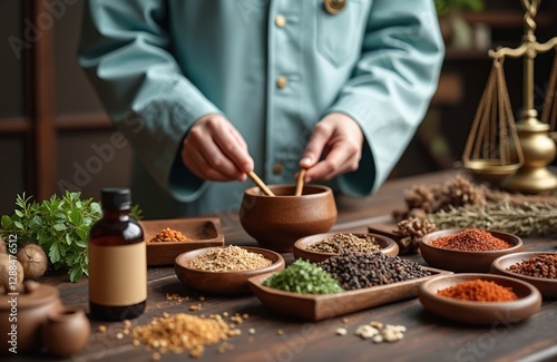 Doctor mixing herbs and spices with sticks in a wooden bowl on brown wood background. Bowls of herbs, balance scales, essential oils for traditional chinese medicine.