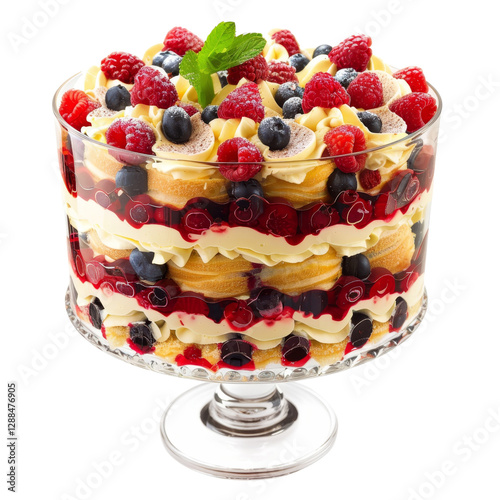 Layered Trifle Dessert with Berries and Cream in Glass Bowl