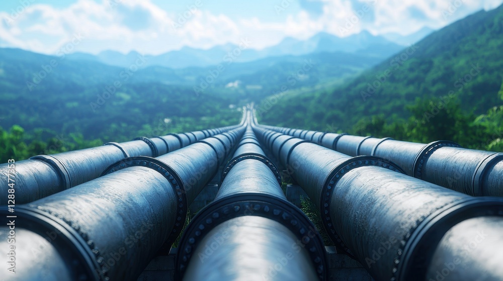 A long view of large metallic pipes extending through a lush green landscape under a bright blue sky with mountains in the background. A long view of large metallic pipes extending through a lush green landscape under a bright blue sky with mountains in the background.