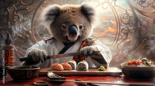 A whimsical and imaginative portrayal of a koala sushi master dressed in a white outfit with black accents