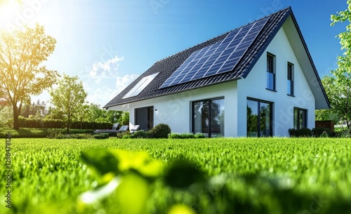 Modern eco-friendly house with solar panels on roof in lush green landscape under clear sky